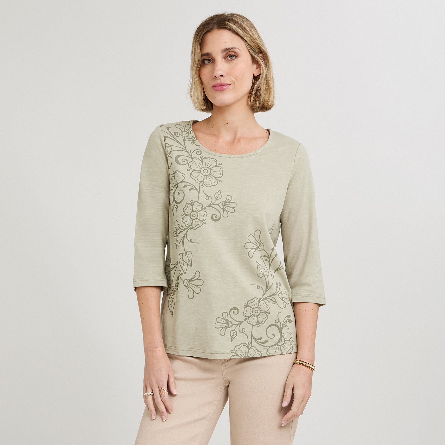 Polera Manga 3/4 con Estampado al Tono Verde